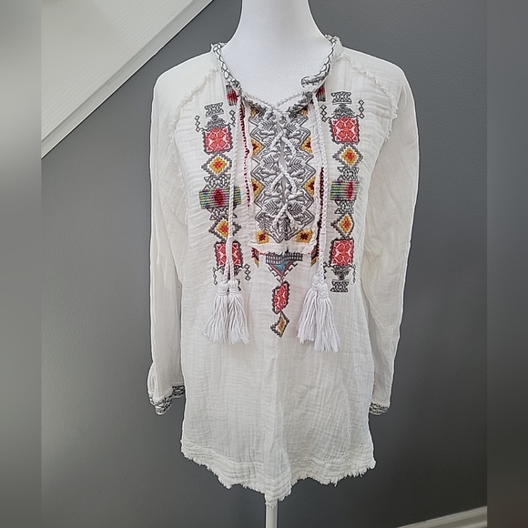 Johnny Was 100% Cotton Embroidered Tunic Tassels Blouse  Gauzy XS Oversized - Picture 2 of 8